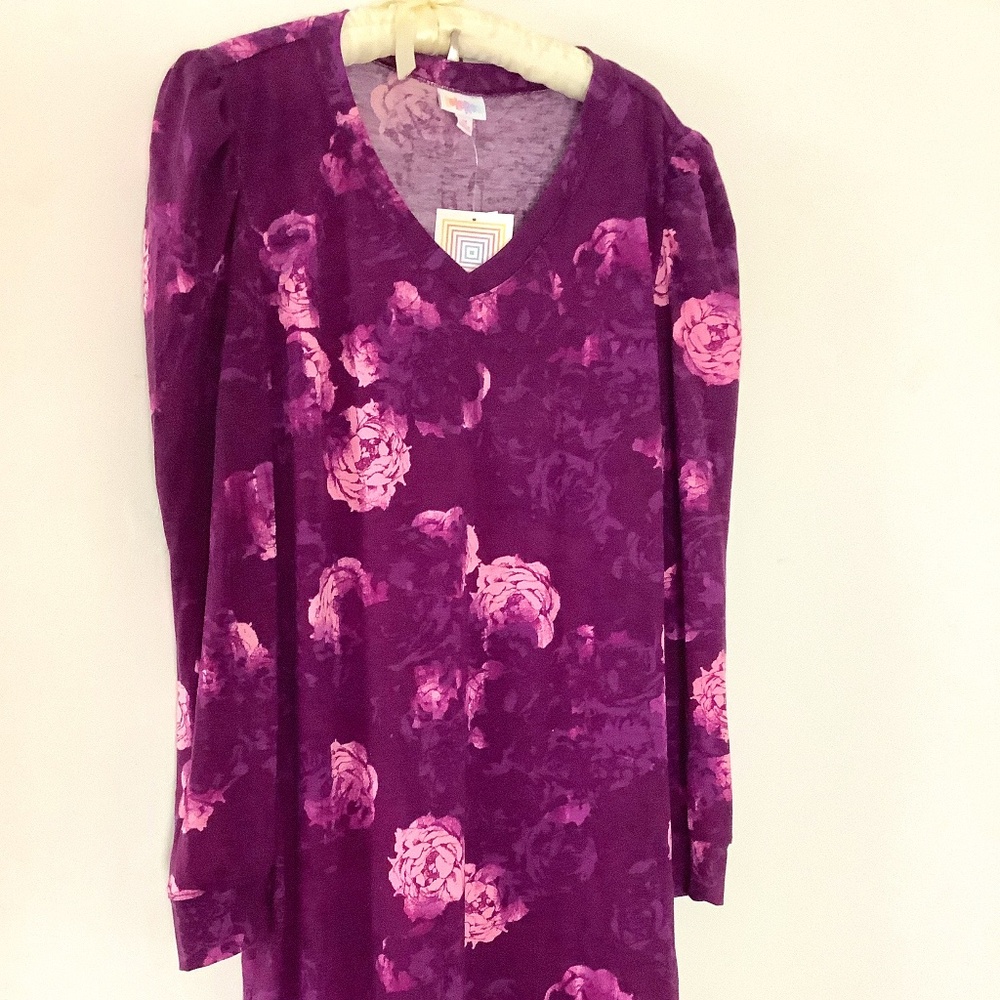 LuLaRoe Purple Long Sleeve V. Neck Dress Pink Rose Design Fairy Whimsical Party